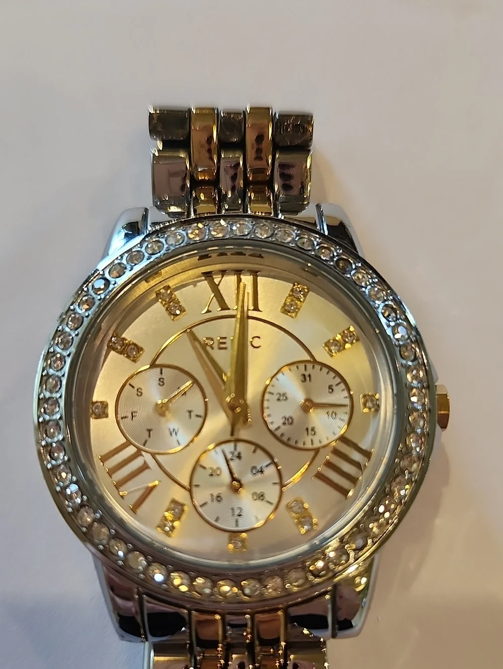 Relic Gold And Silver Tones Watch With Crystal Bezel And Crystal Numerals